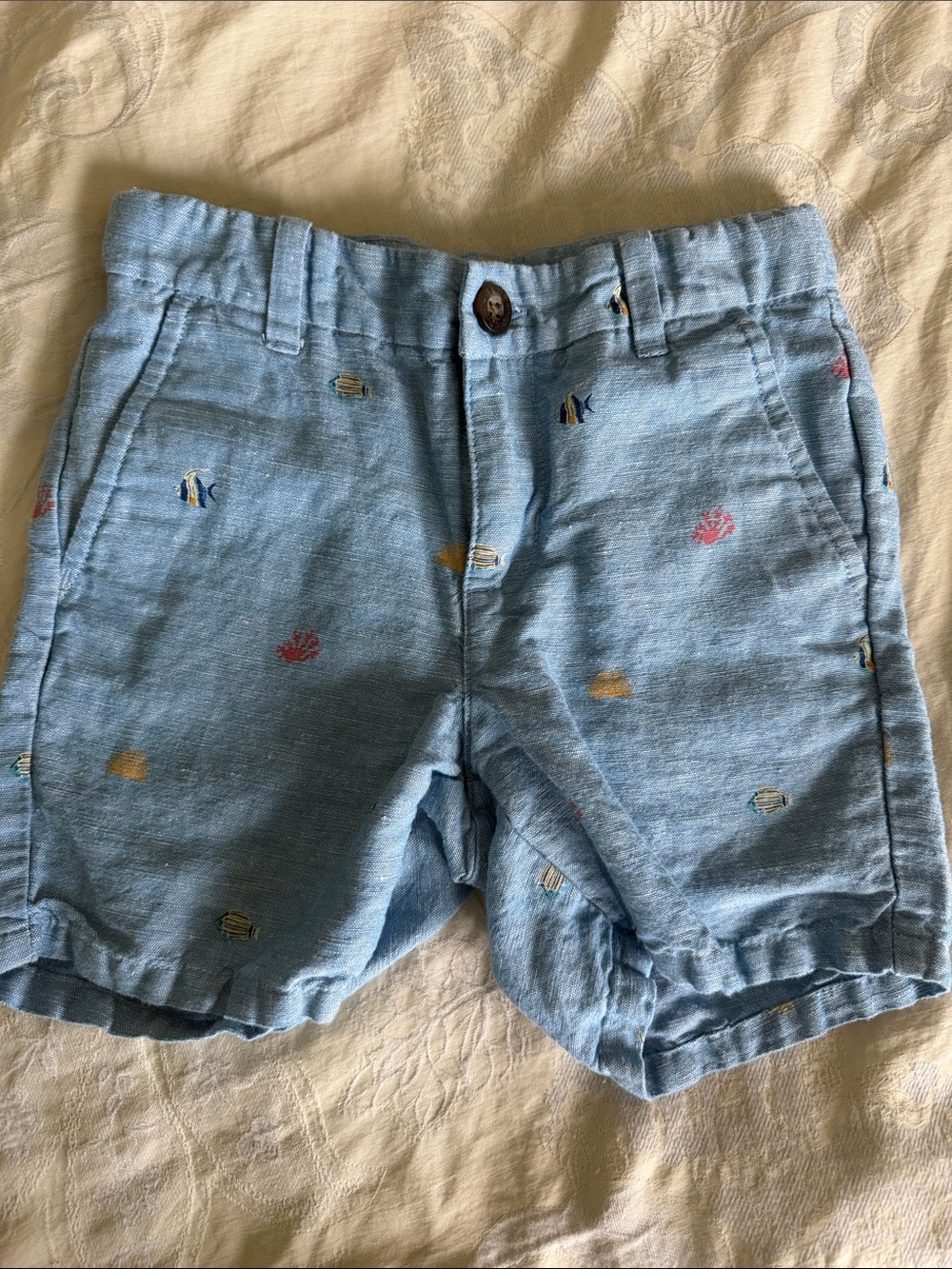 Janie and Jack Boys 3T Light Blue Linen-Blend Shorts with Sea Embroidery